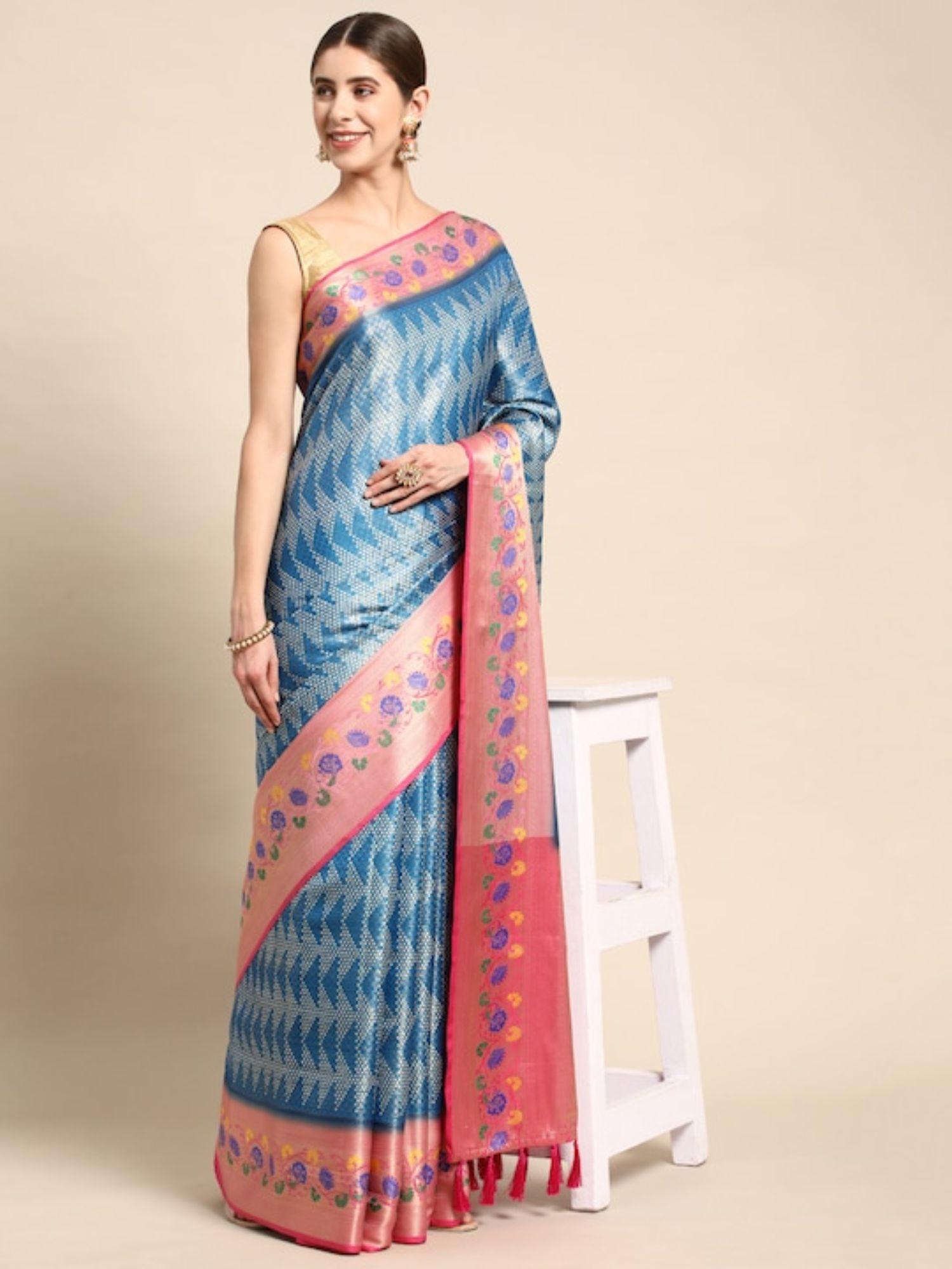 chevron pattern woven design zari tissue silk banarasi saree with unstitched blouse