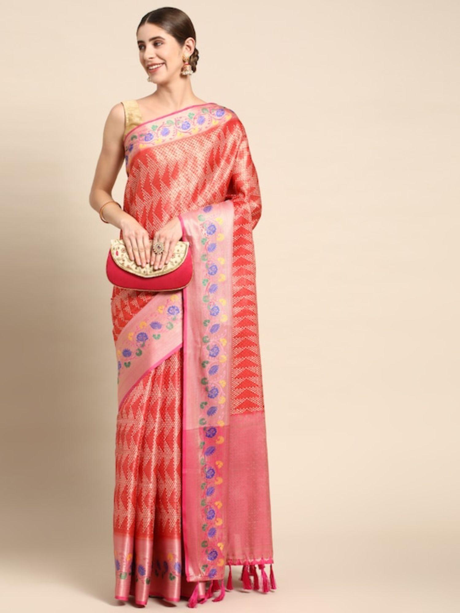 chevron pattern woven design zari tissue silk banarasi saree with unstitched blouse