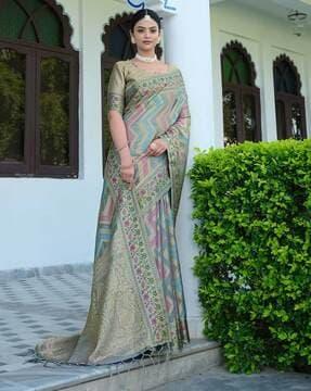 chevron pattern woven saree with contrast zari border