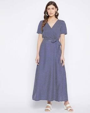 chevron print a-line dress with waist tie-up