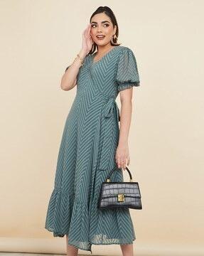 chevron print a-line wrap dress