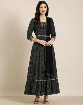 chevron print anarkali kurta with dupatta