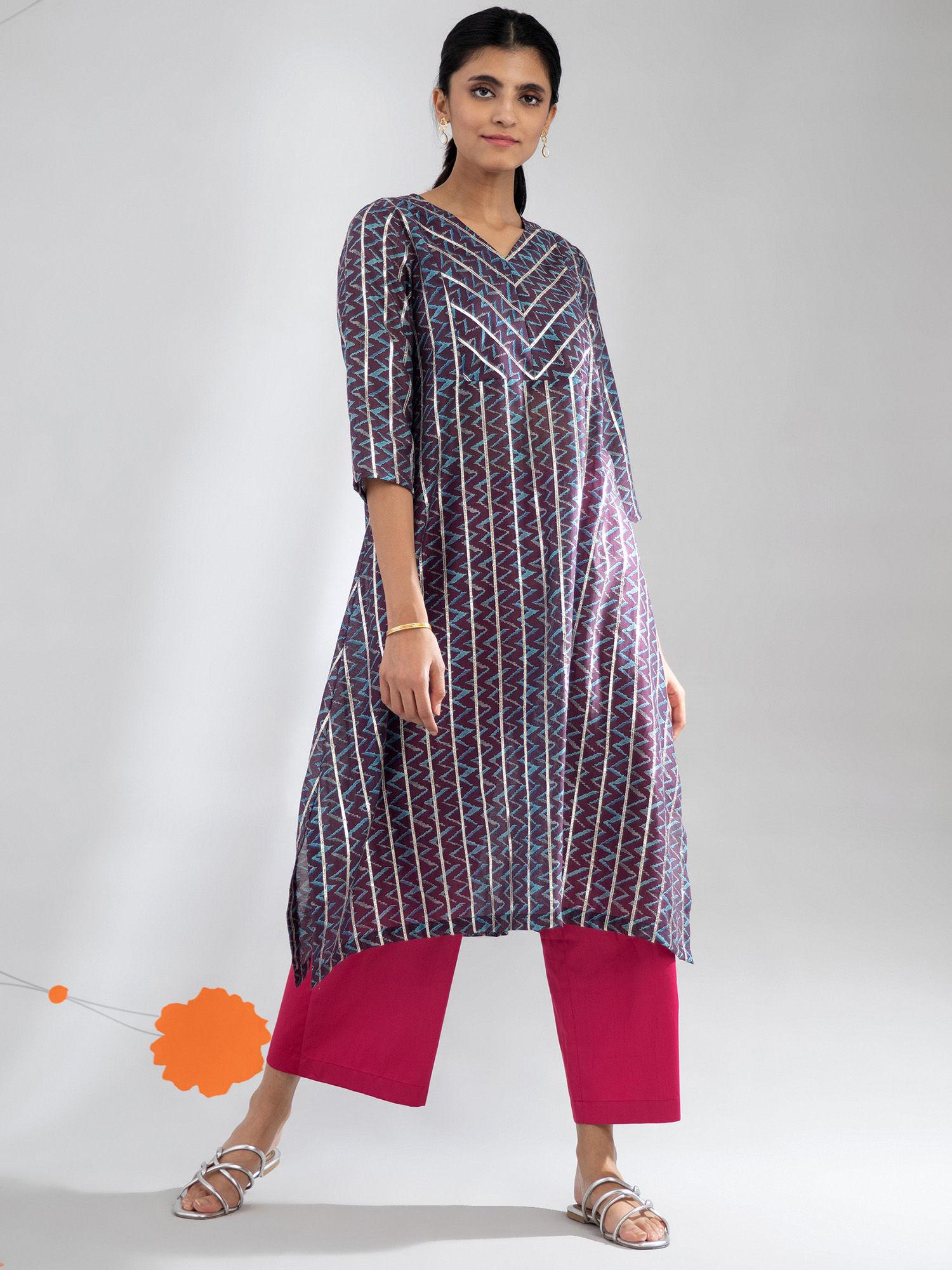 chevron print chanderi kurta - blue