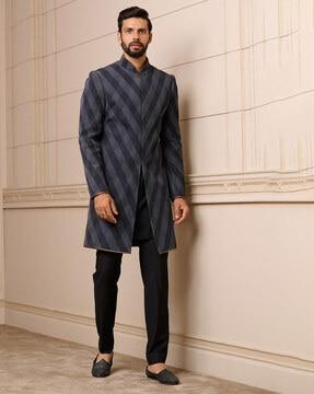 chevron print kurta with sherwani & trousers