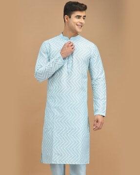 chevron print long kurta with mandarin collar