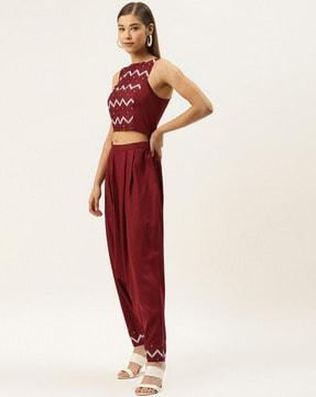 chevron print pant-suit set with embroidery