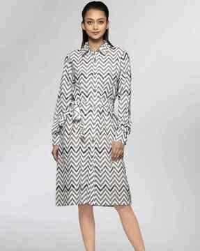 chevron print shirt dress with waist tie-up