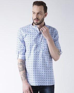 chevron print short kurta with mandarin-collar