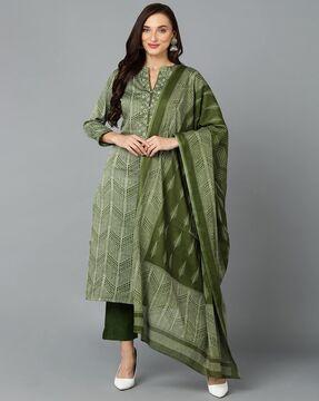 chevron print straight kurta with pants & dupatta