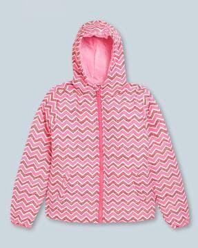 chevron print zip-front hooded jacket