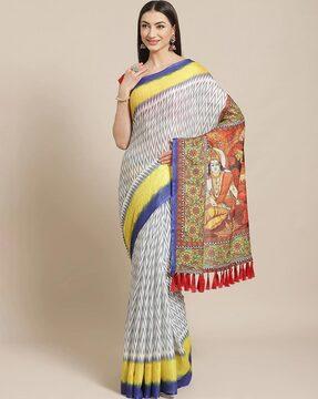 chevron saree with contrast border & tassels