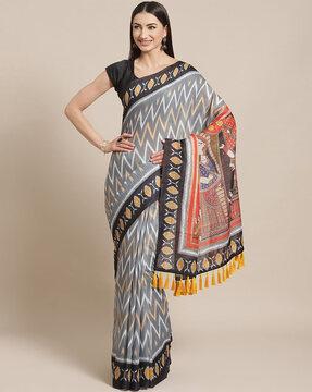 chevron saree with contrast border & tassels