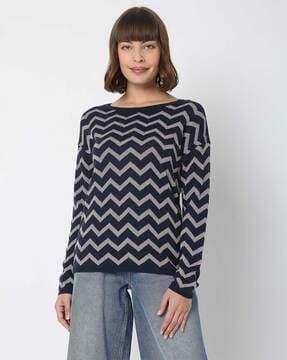 chevrons print boat neck pullover