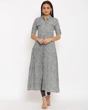 chevrons print collar-neck a-line kurta