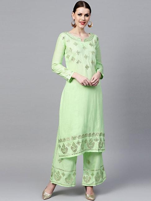 chhabra 555 green cotton embroidered made-to-measure layered kurta with palazzos