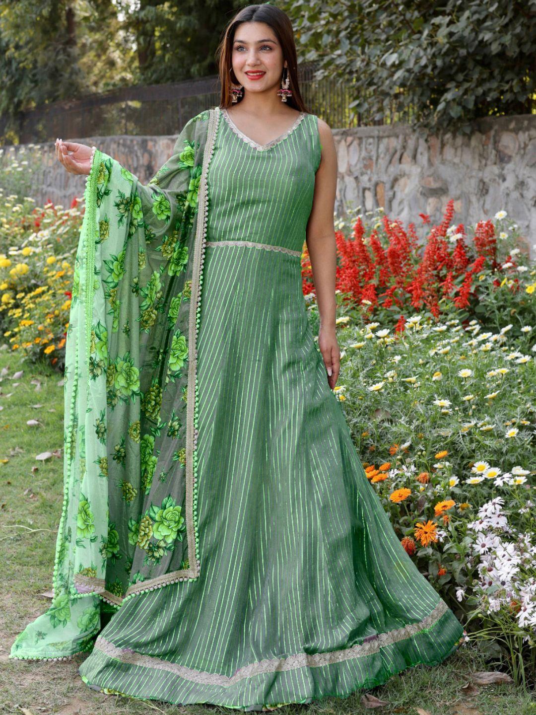 chhabra 555 green striped flared gown with floral digital printed dupatta