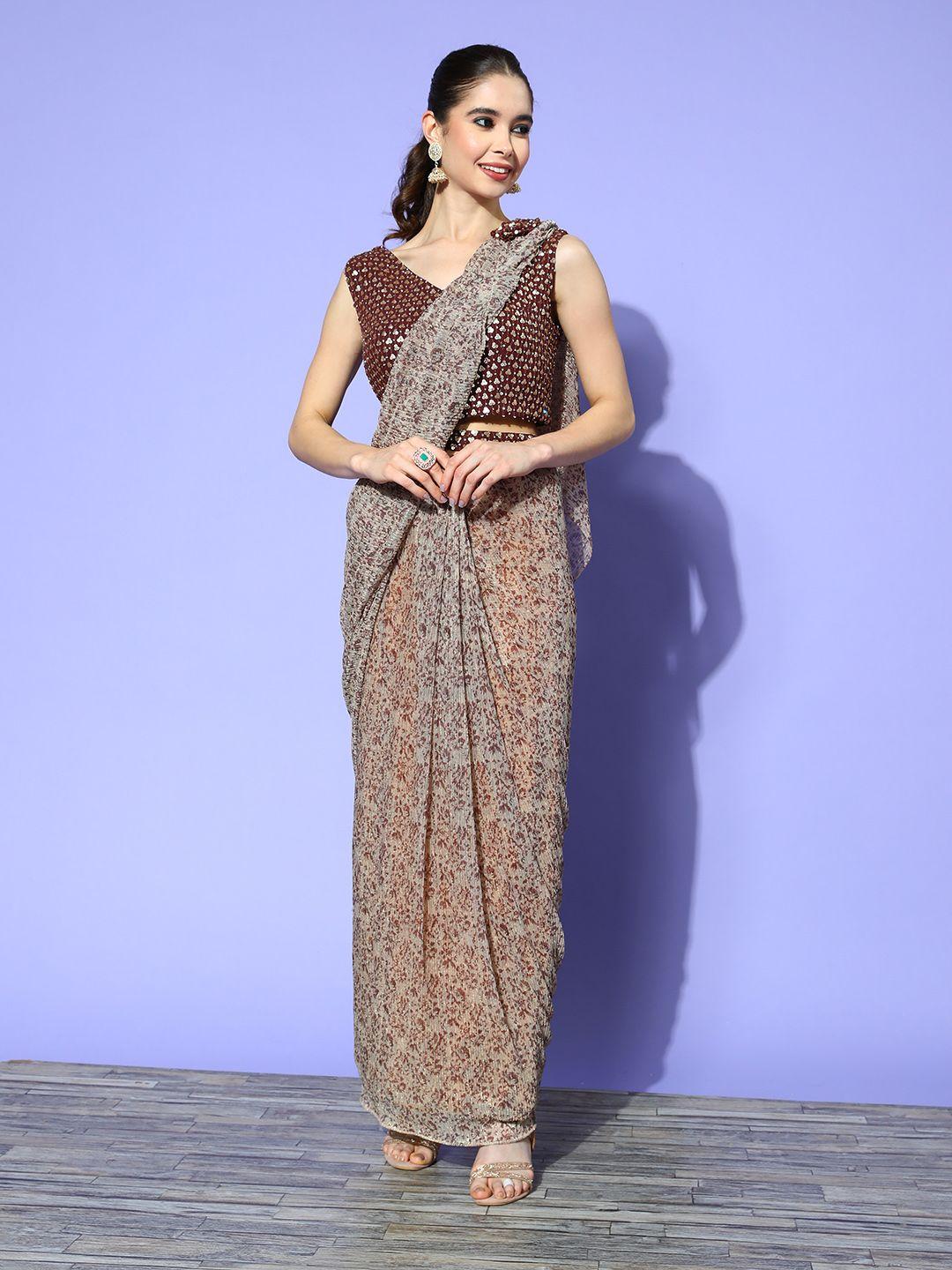 chhabra 555 grey & brown abstract print sequined embellished made to measure saree