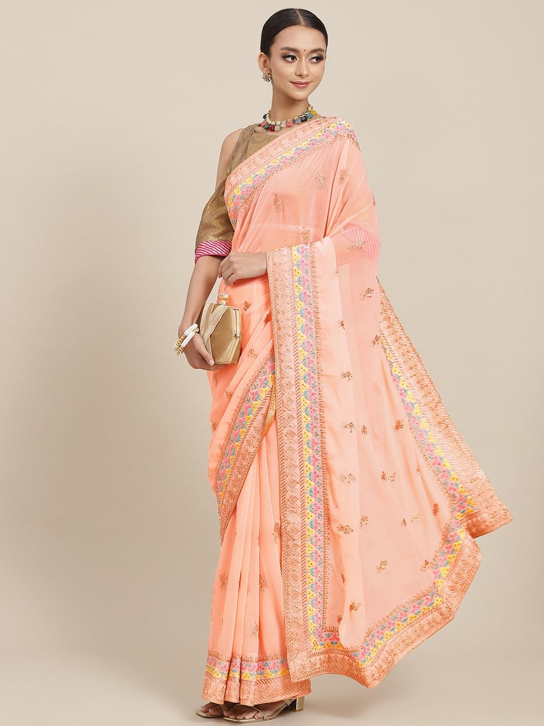 chhabra 555 peach-coloured kantha work saree