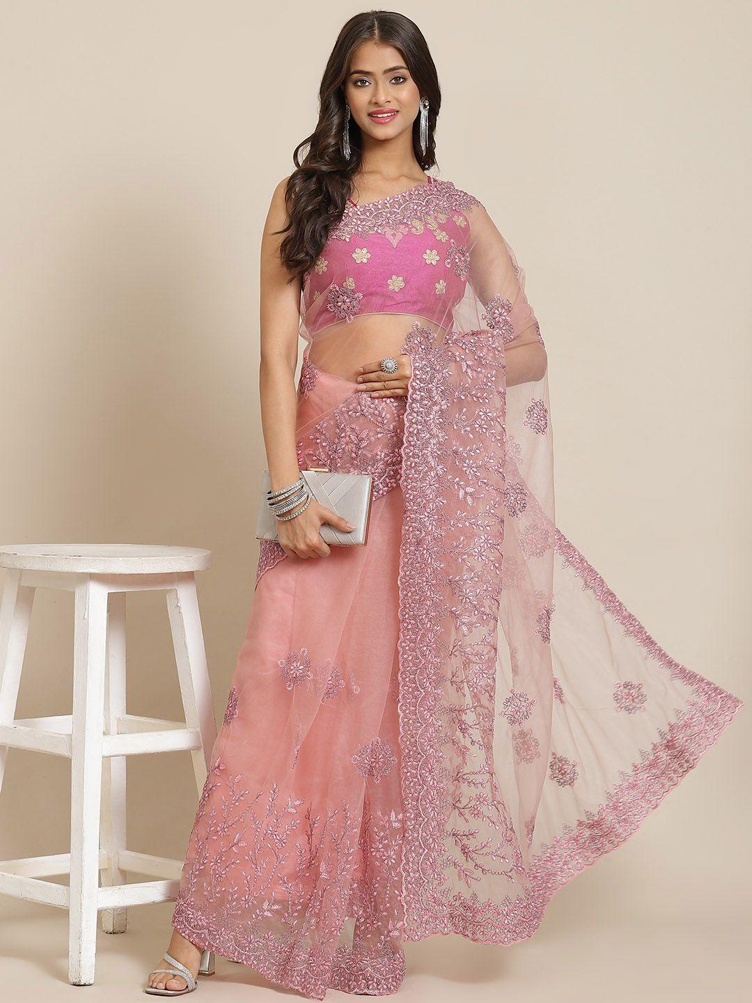 chhabra 555 pink & golden ethnic motifs aari work net heavy work saree