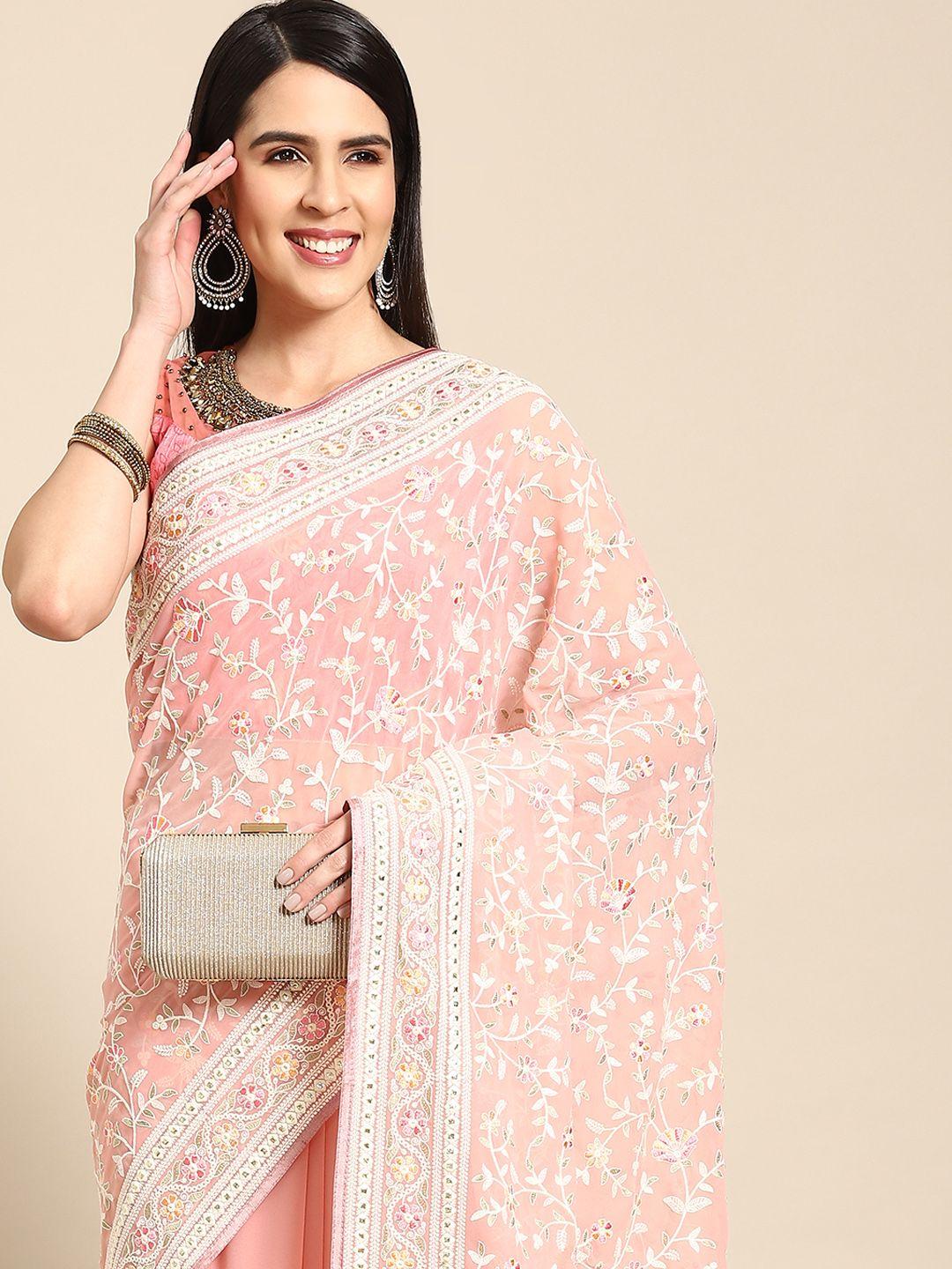 chhabra 555 pink floral embroidered phulkari saree