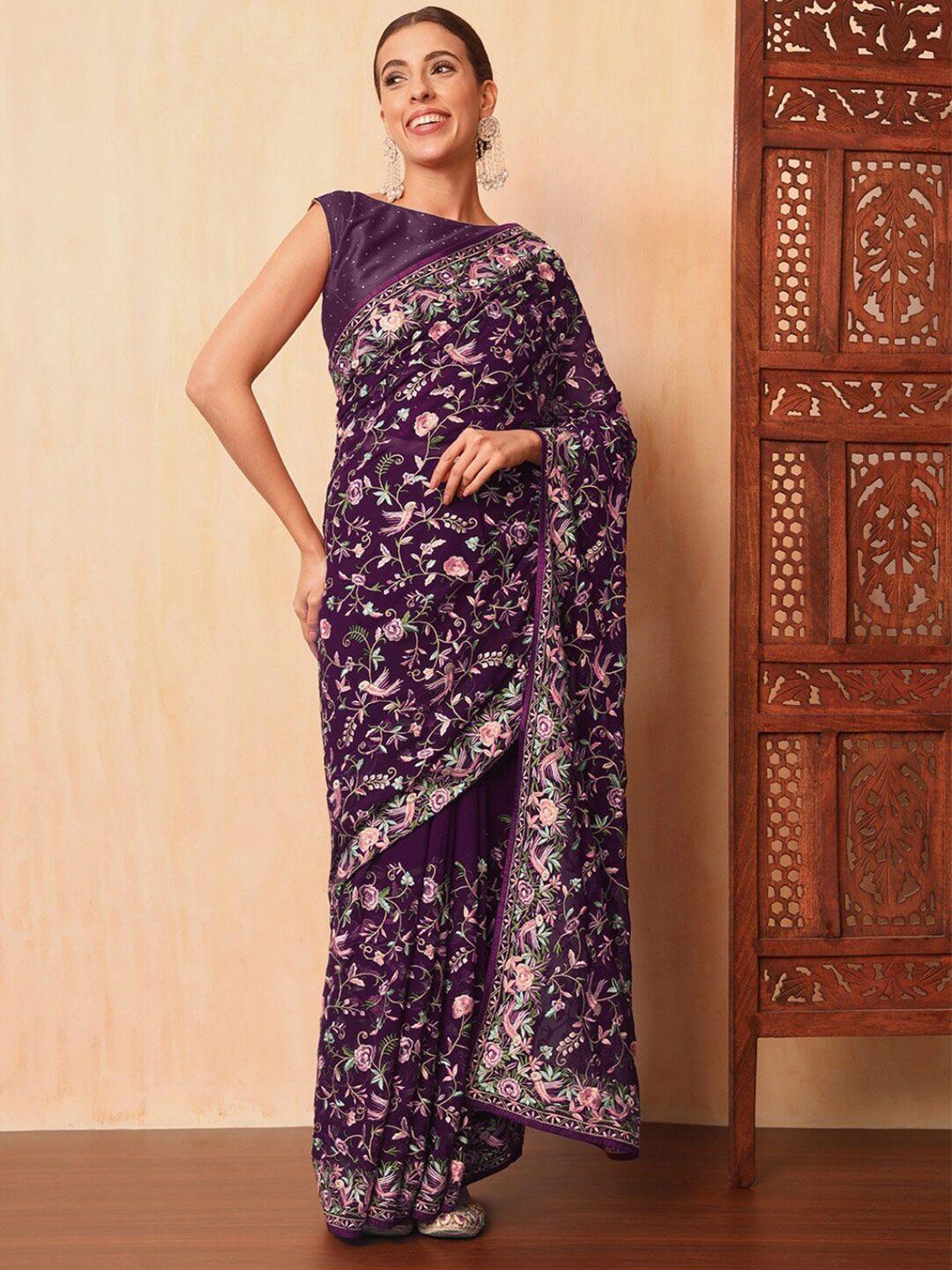 chhabra 555 purple parsi resham embroidery with intricate floral motifs sarees
