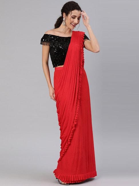 chhabra 555 red ruffled pre-draped lycra saree with frills and off shoulder black sequin blouse