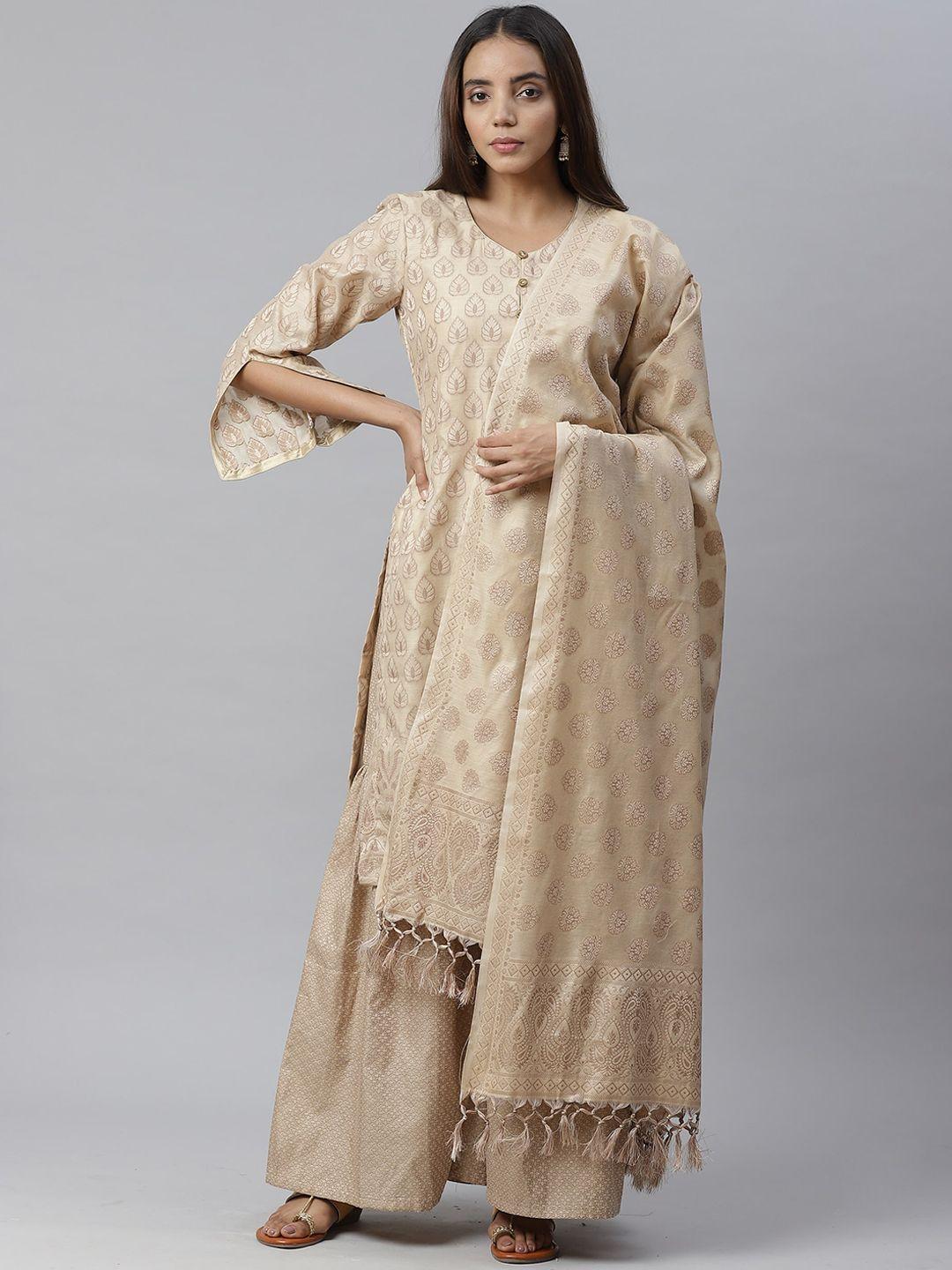 chhabra 555 women beige woven design handloom chanderi kurta with sharara & dupatta