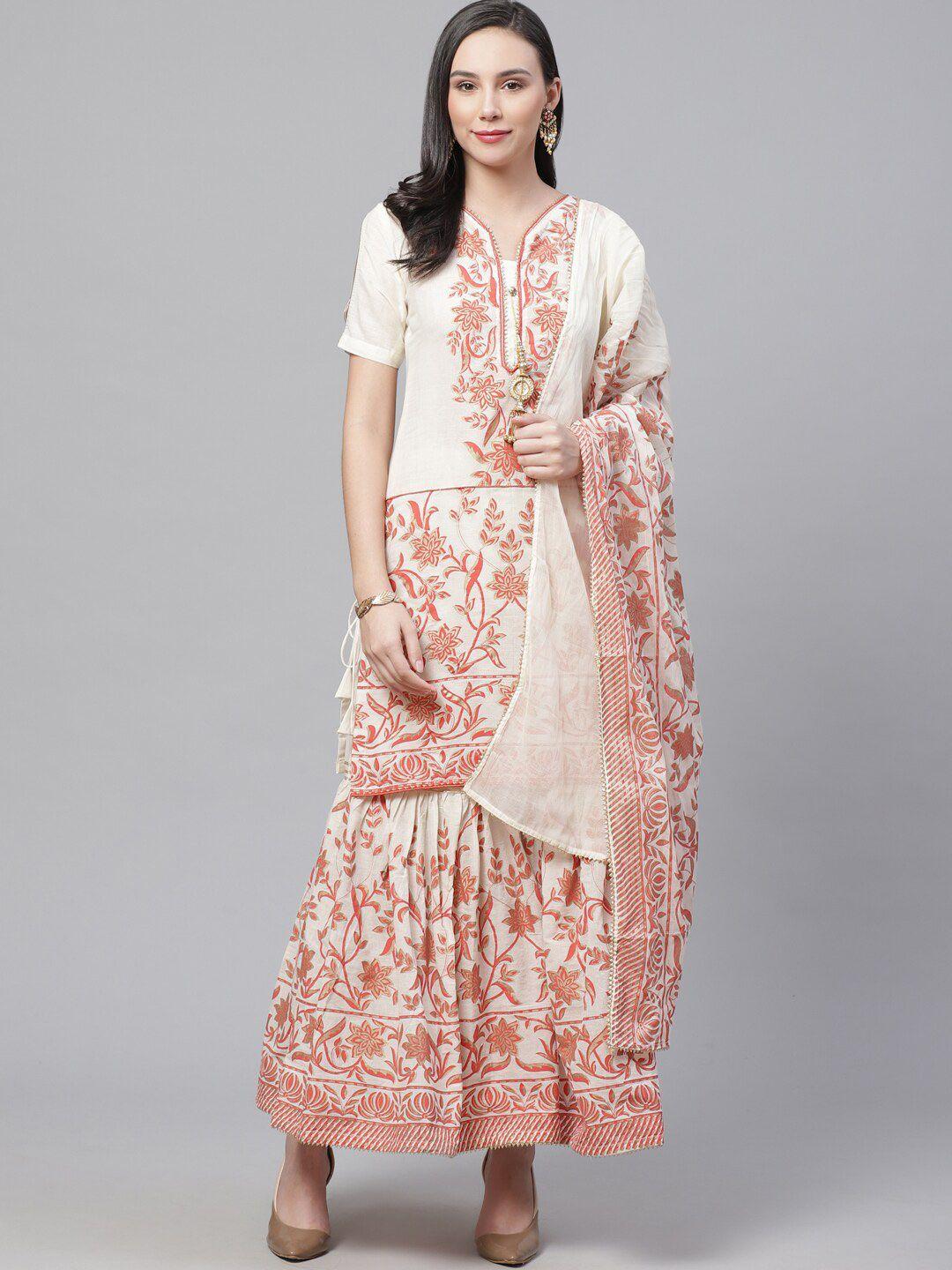 chhabra 555 women cream & red block printed pure cotton kurta set