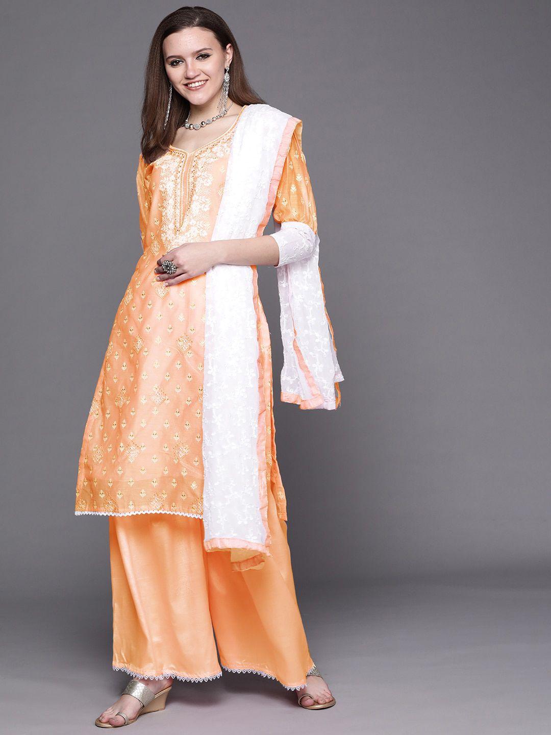 chhabra 555 women floral embroidered chanderi cotton kurta with palazzos & dupatta set