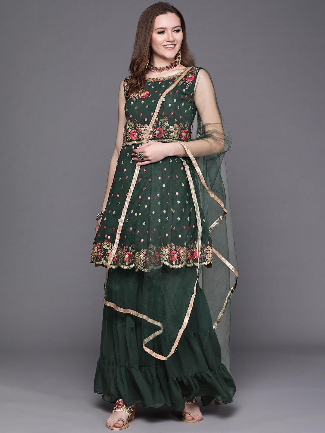chhabra 555 women green & pink embroidered scalloped zari work made to measure kurta set