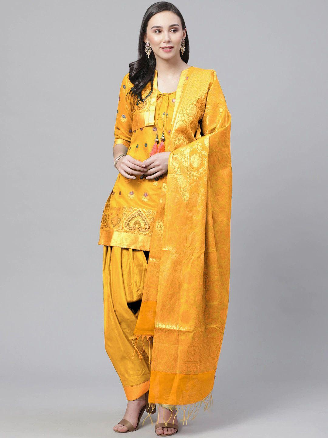 chhabra 555 women mustard yellow ethnic motifs embroidered chanderi cotton kurti with patiala & with dupatta