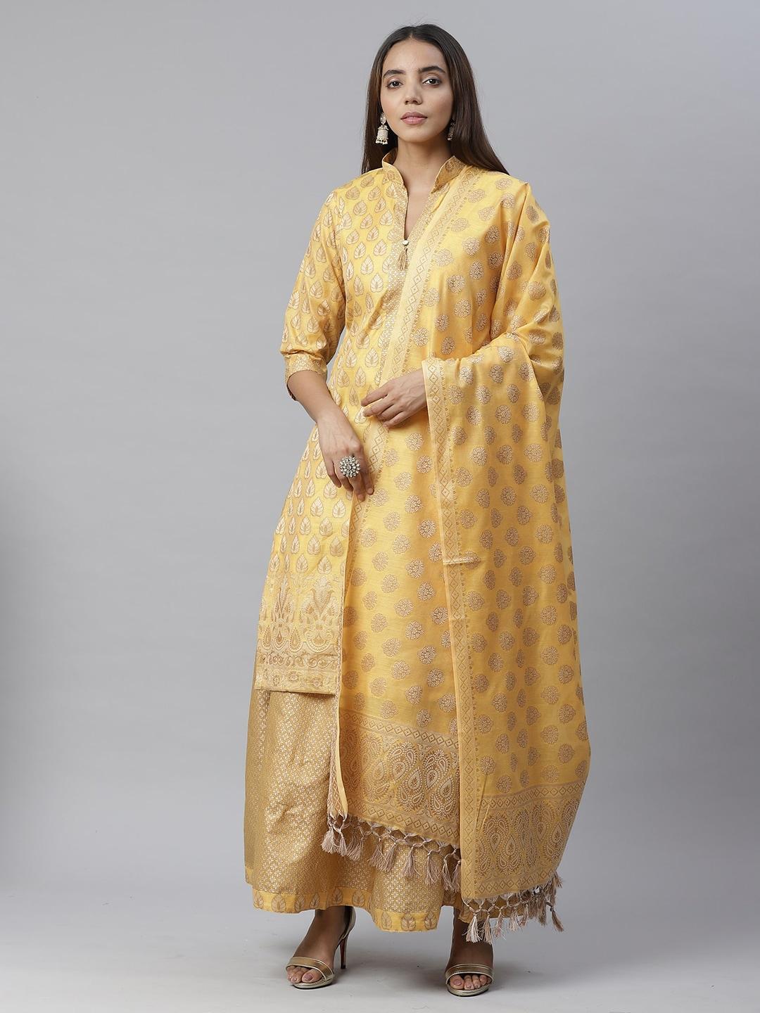 chhabra 555 women yellow & beige woven design handloom chanderi kurta with skirt & dupatta