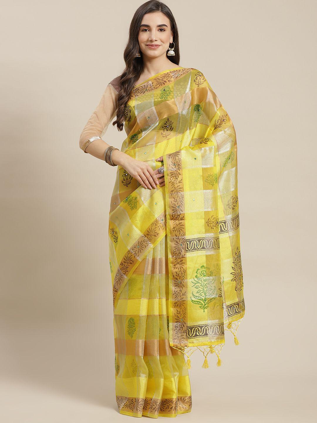 chhabra 555 yellow & gold-toned floral mirror work tissue block print saree