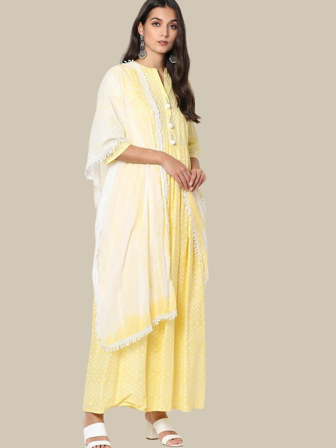 chhabra 555 bandhani printed pleated kurta with trousers & dupatta