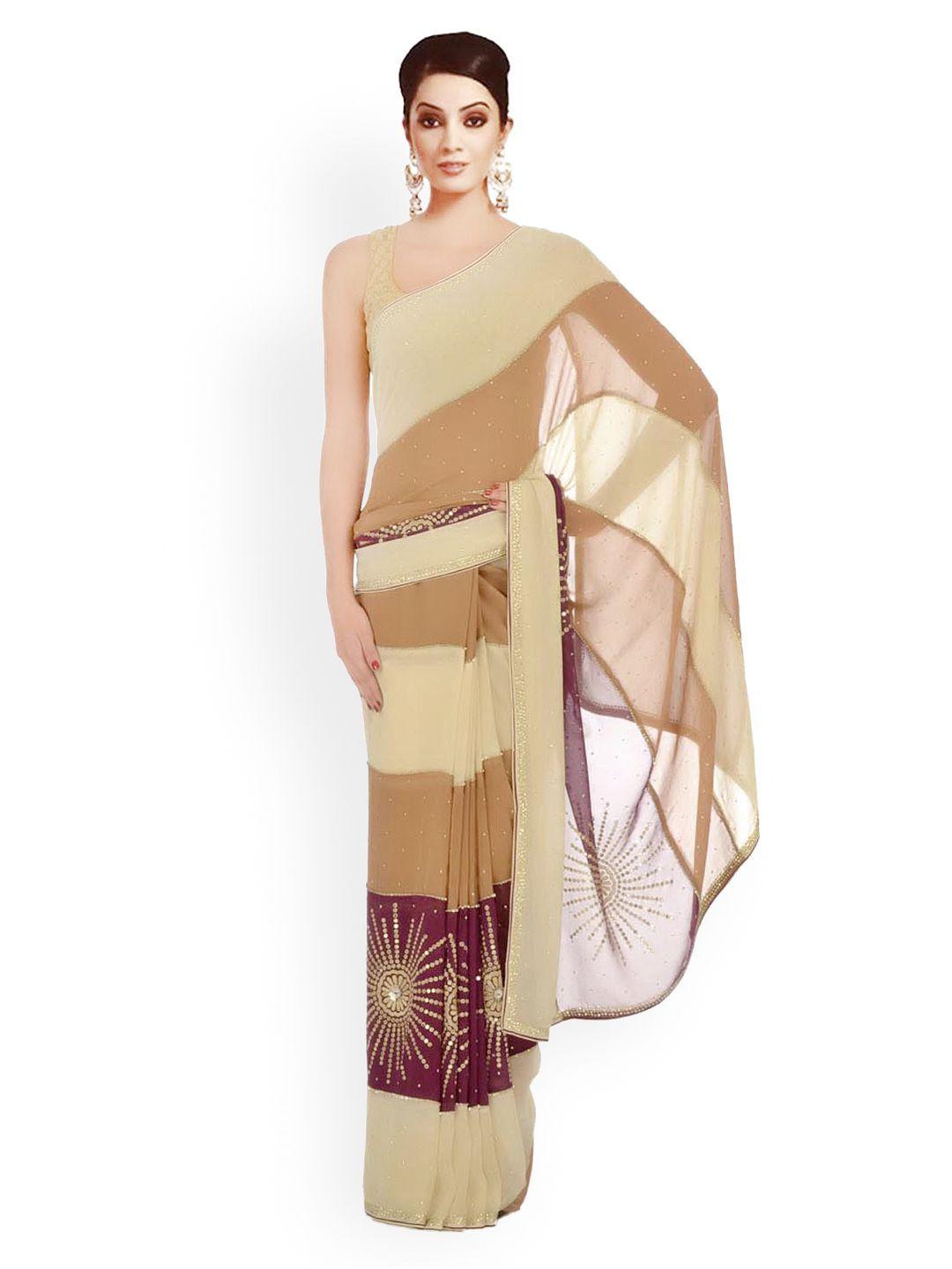 chhabra 555 beige & brown embroidered georgette fashion saree