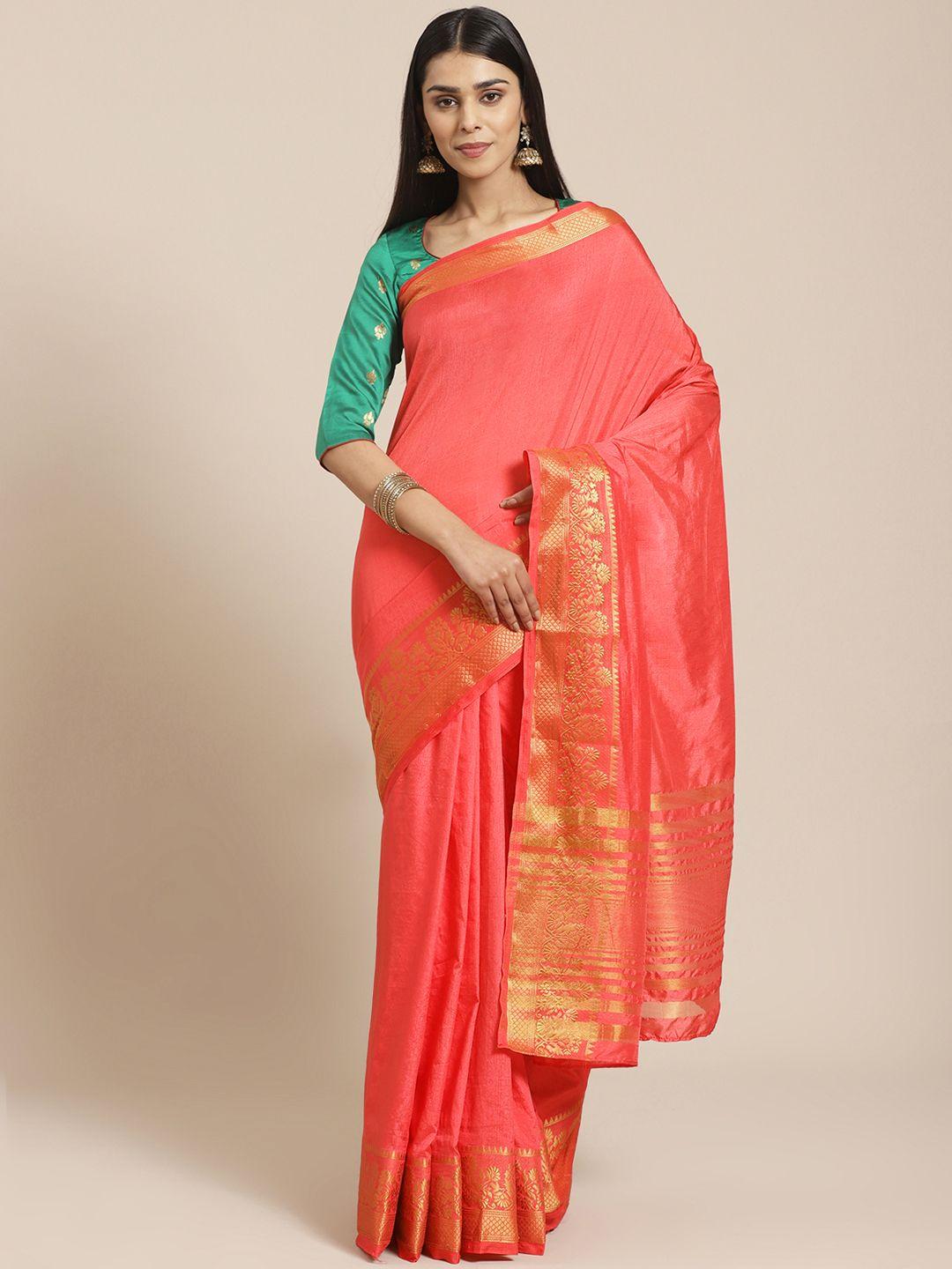 chhabra 555 coral red handloom solid banarasi saree