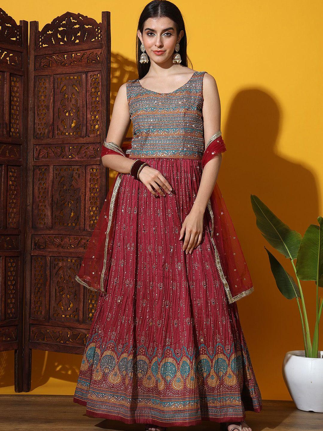 chhabra 555 embellished flared maxi ethnic dress with dupatta