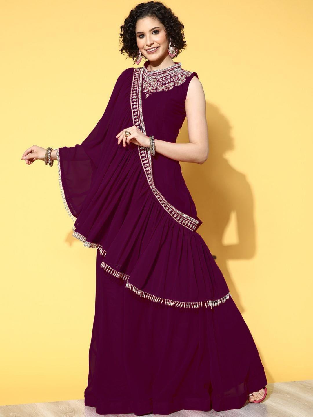 chhabra 555 embroidered fit & flare ethnic dress with pre-draped matching dupatta