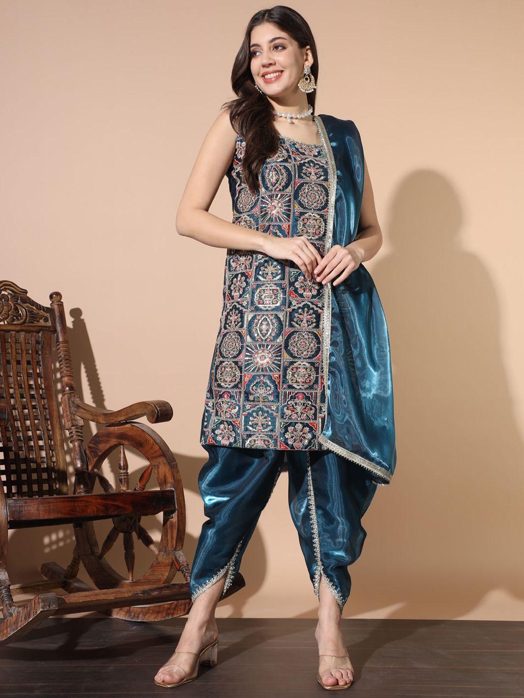 chhabra 555 geometric embroidered round neck sleeveless kurta dhoti pants & dupatta sets