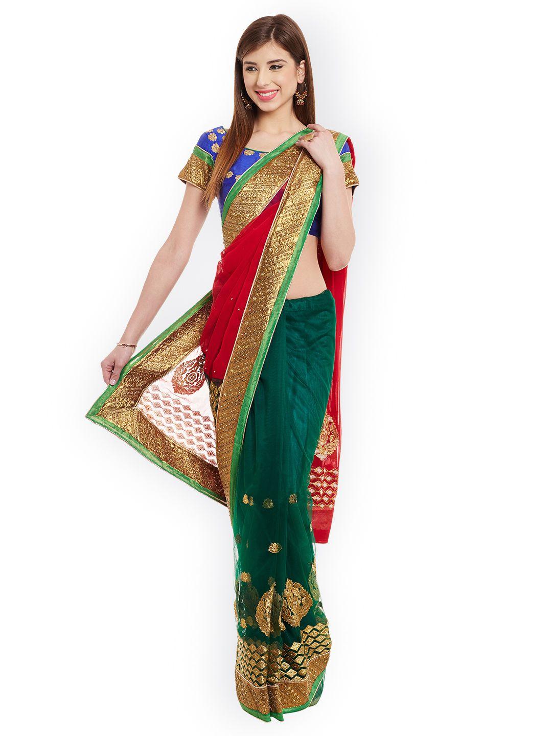 chhabra 555 green & red poly georgette embroidered saree