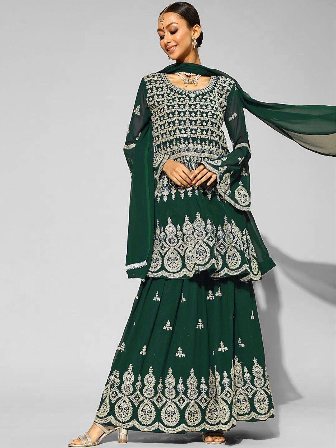 chhabra 555 green & silver-toned embroidered made to measure lehenga & blouse with dupatta