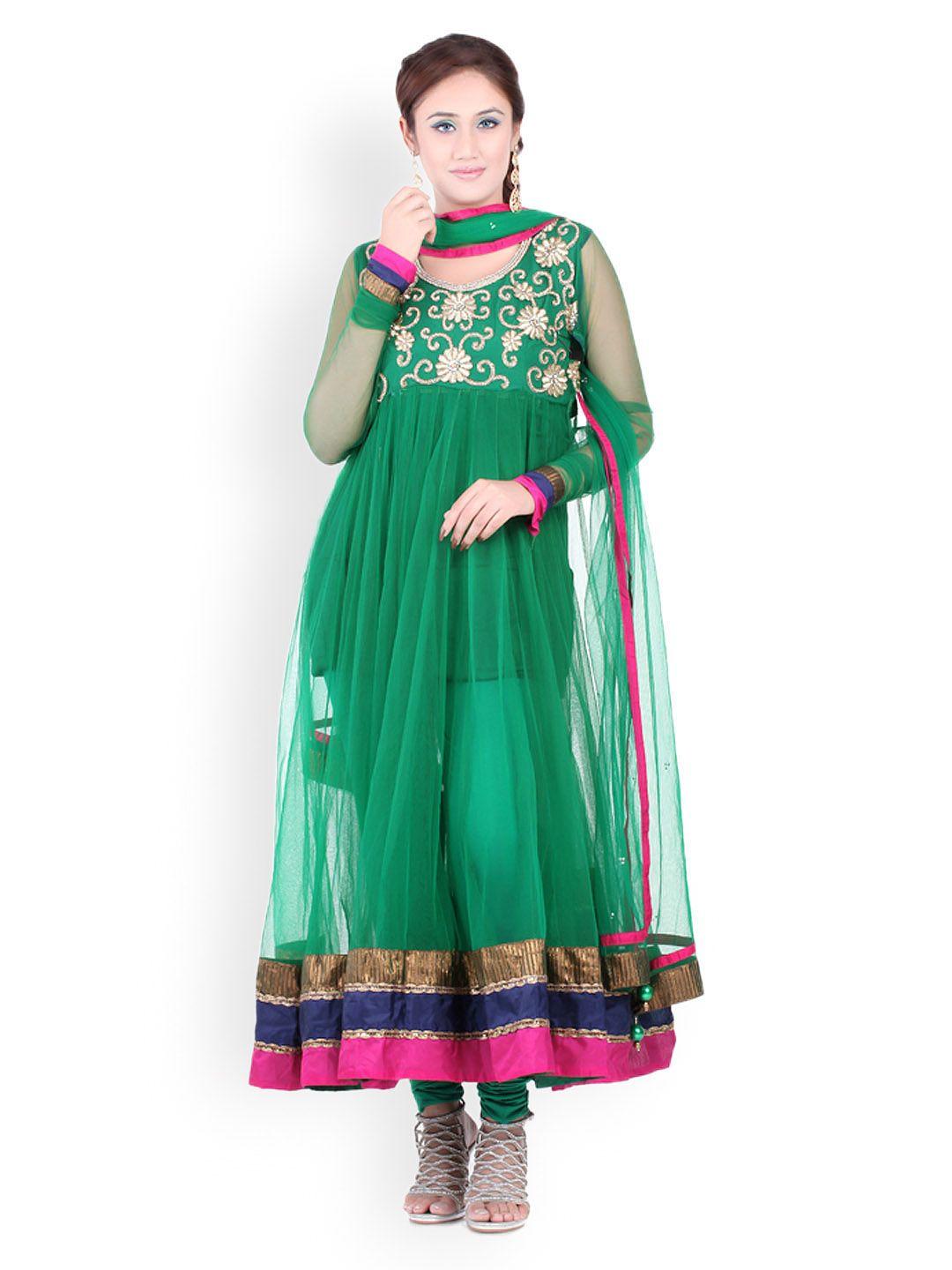 chhabra 555 green embroidered net anarkali unstitched dress material