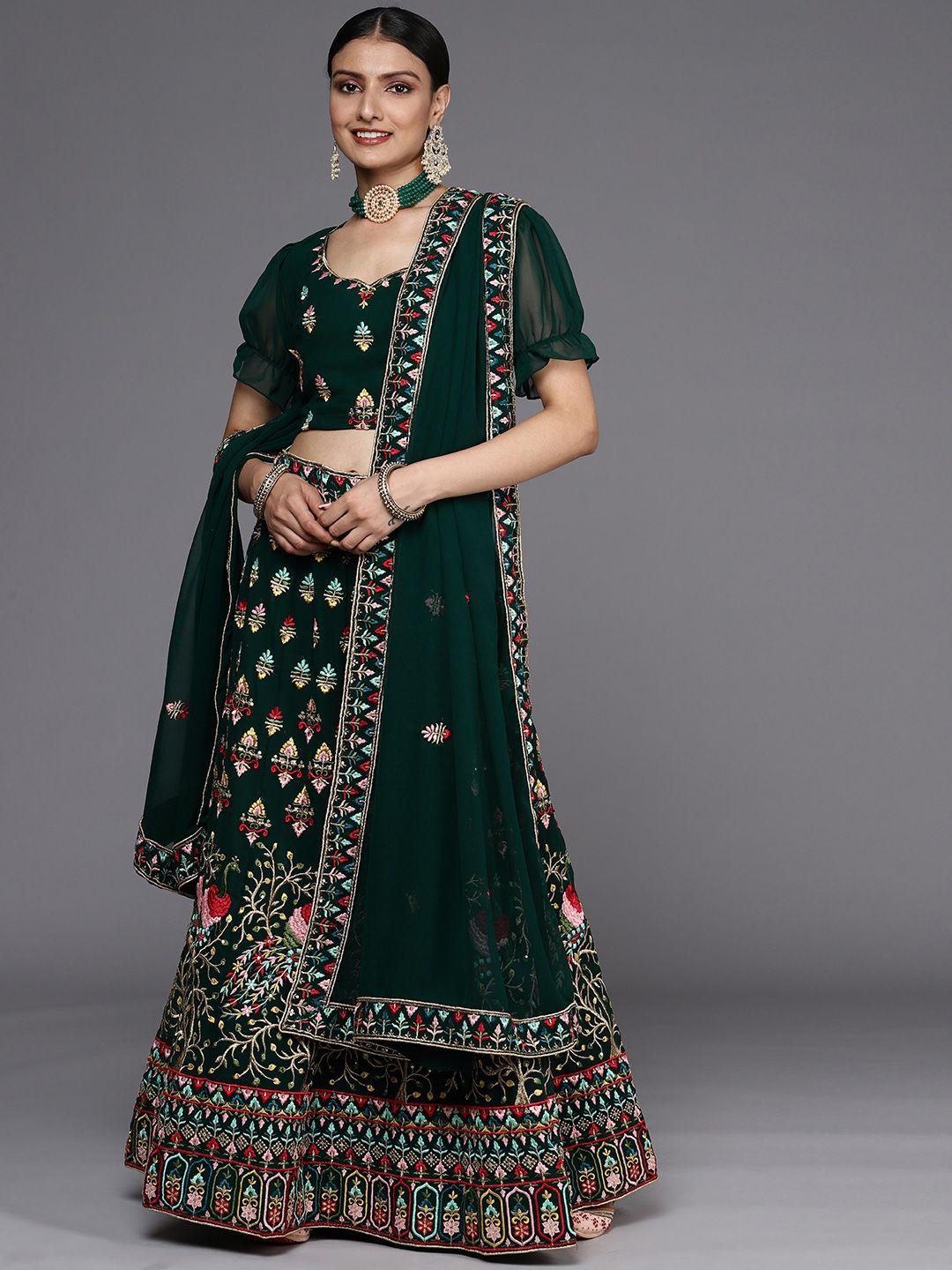 chhabra 555 green embroidered thread work semi-stitched lehenga & unstitched blouse with dupatta