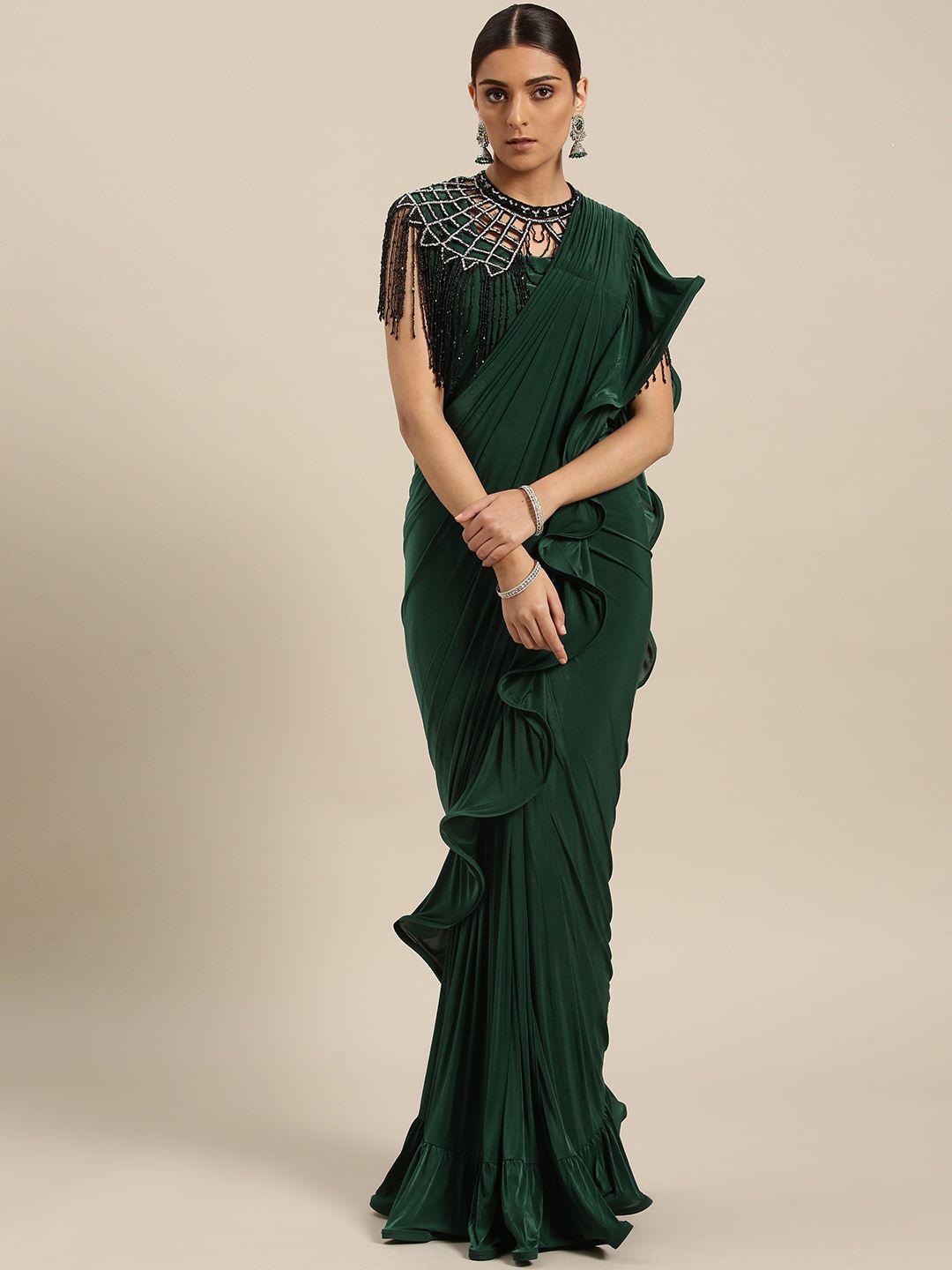 chhabra 555 green solid poly georgette saree with tassled jeweled neckpiece