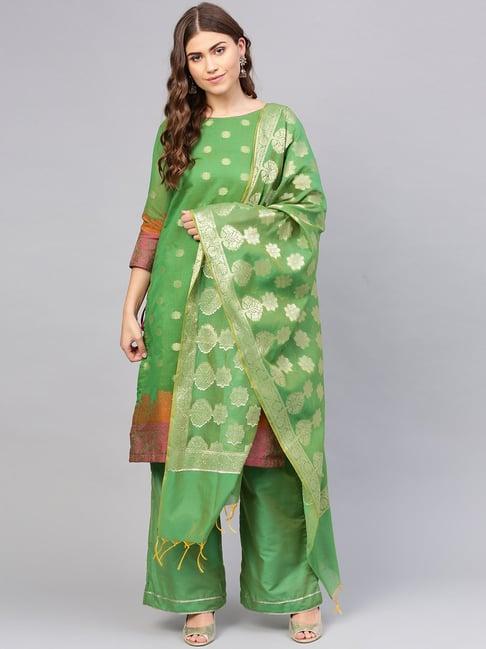 chhabra 555 green woven pattern unstitched dress material with dupatta