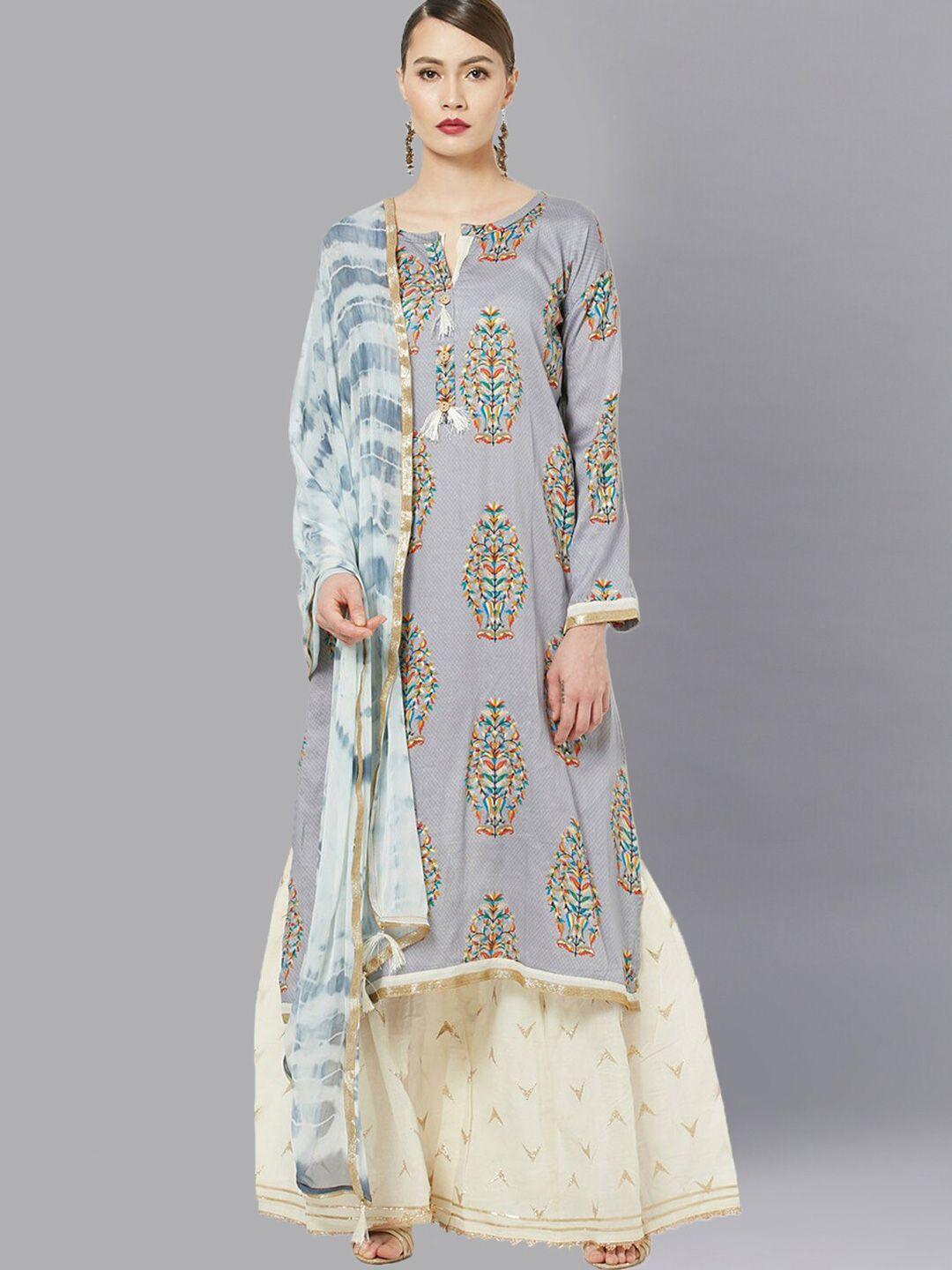 chhabra 555 grey & off white embellished semi-stitched dress material
