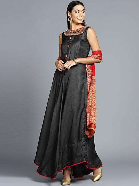 chhabra 555 grey & red embroidered kurta pant set with dupatta