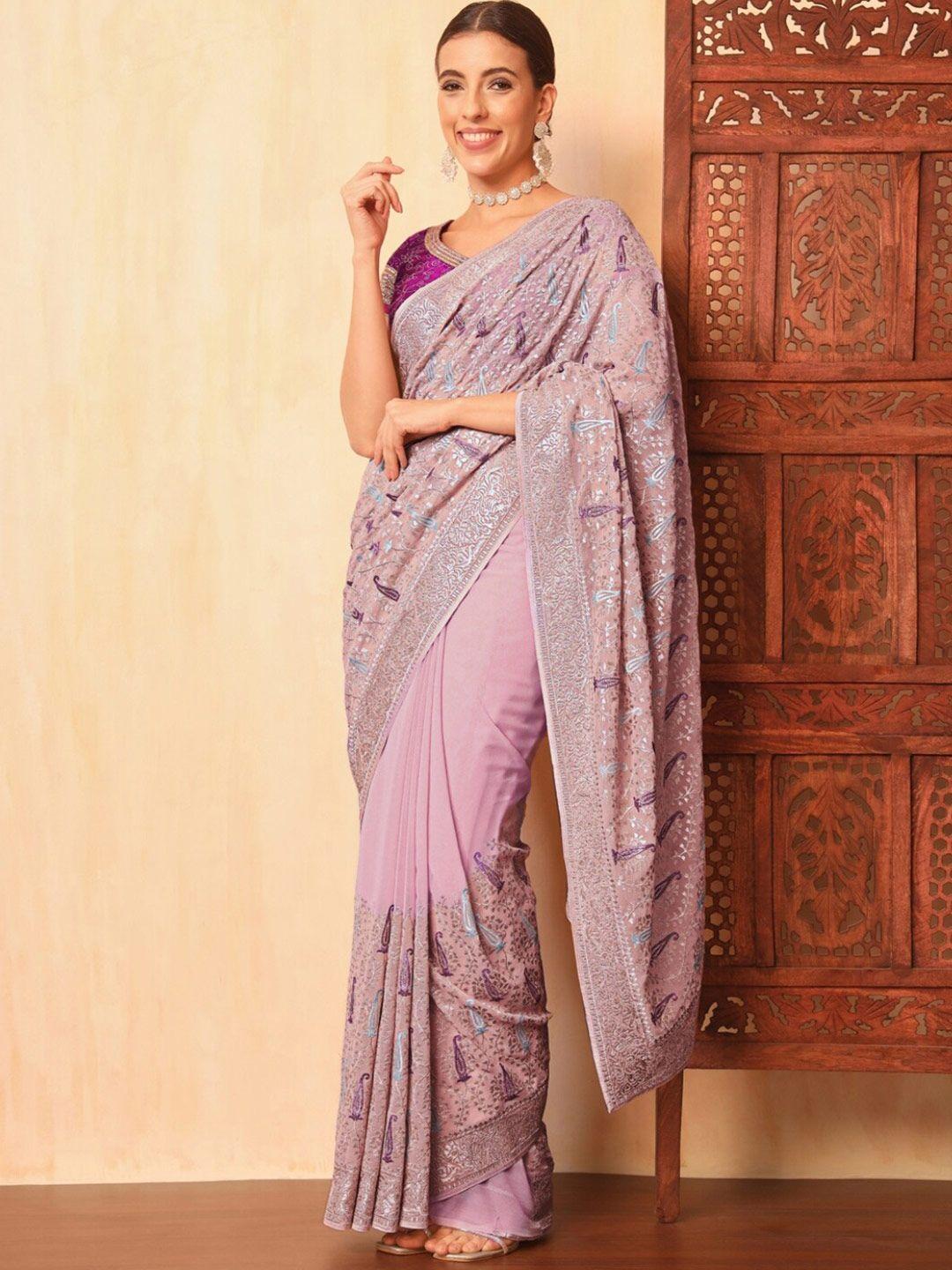 chhabra 555 lavender georgette zari & resham embroidered paisley motifs sarees