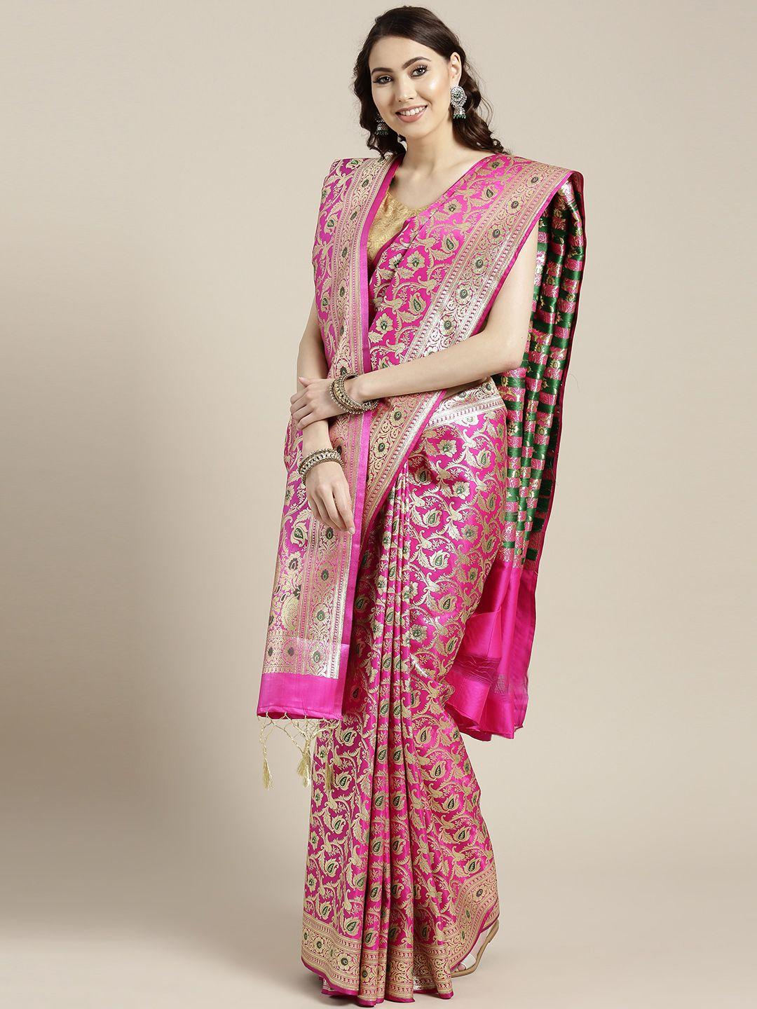 chhabra 555 magenta & golden woven design banarasi saree with dupatta