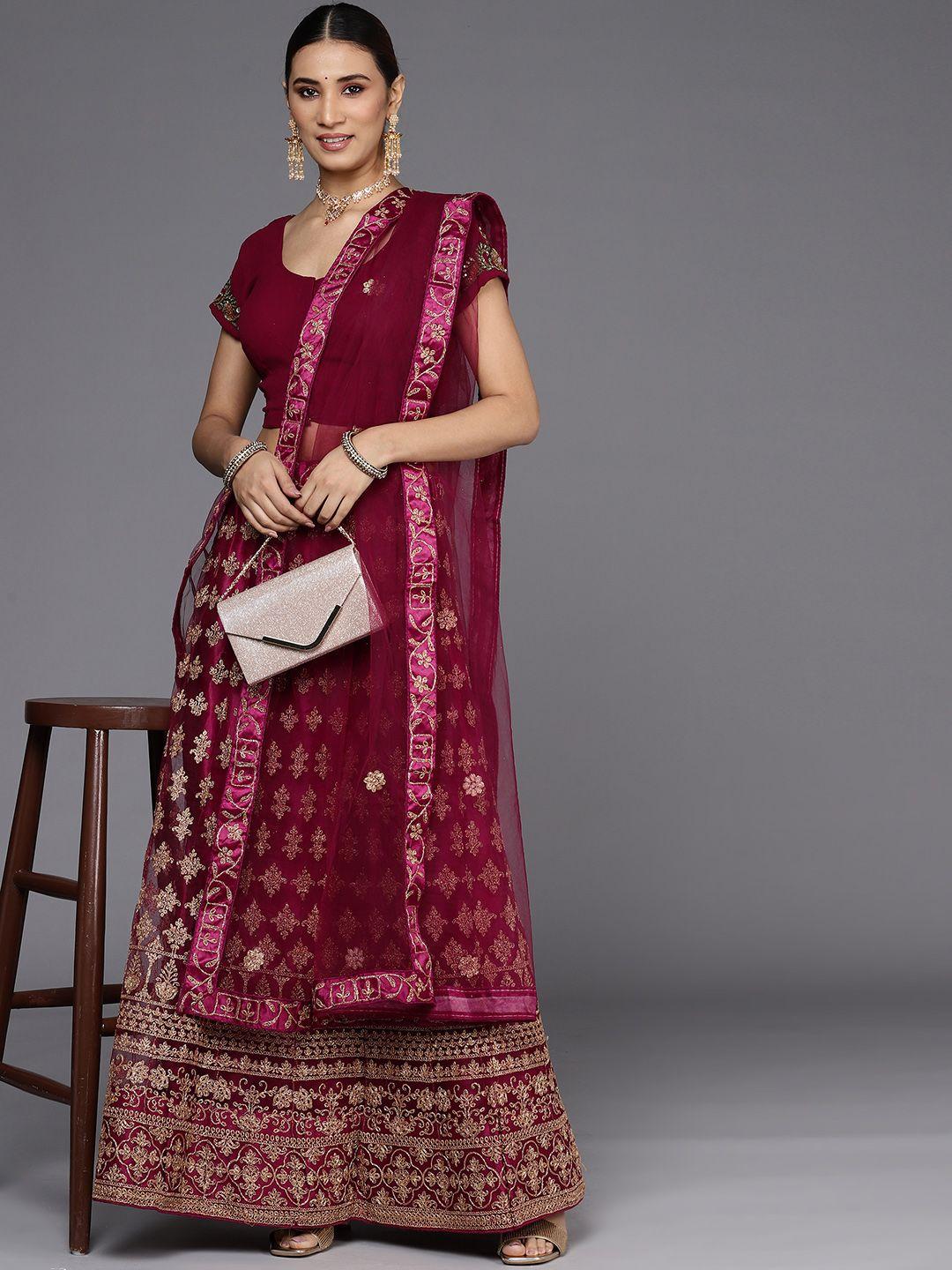 chhabra 555 maroon & gold-toned embroidered semi-stitched lehenga & unstitched blouse with dupatta